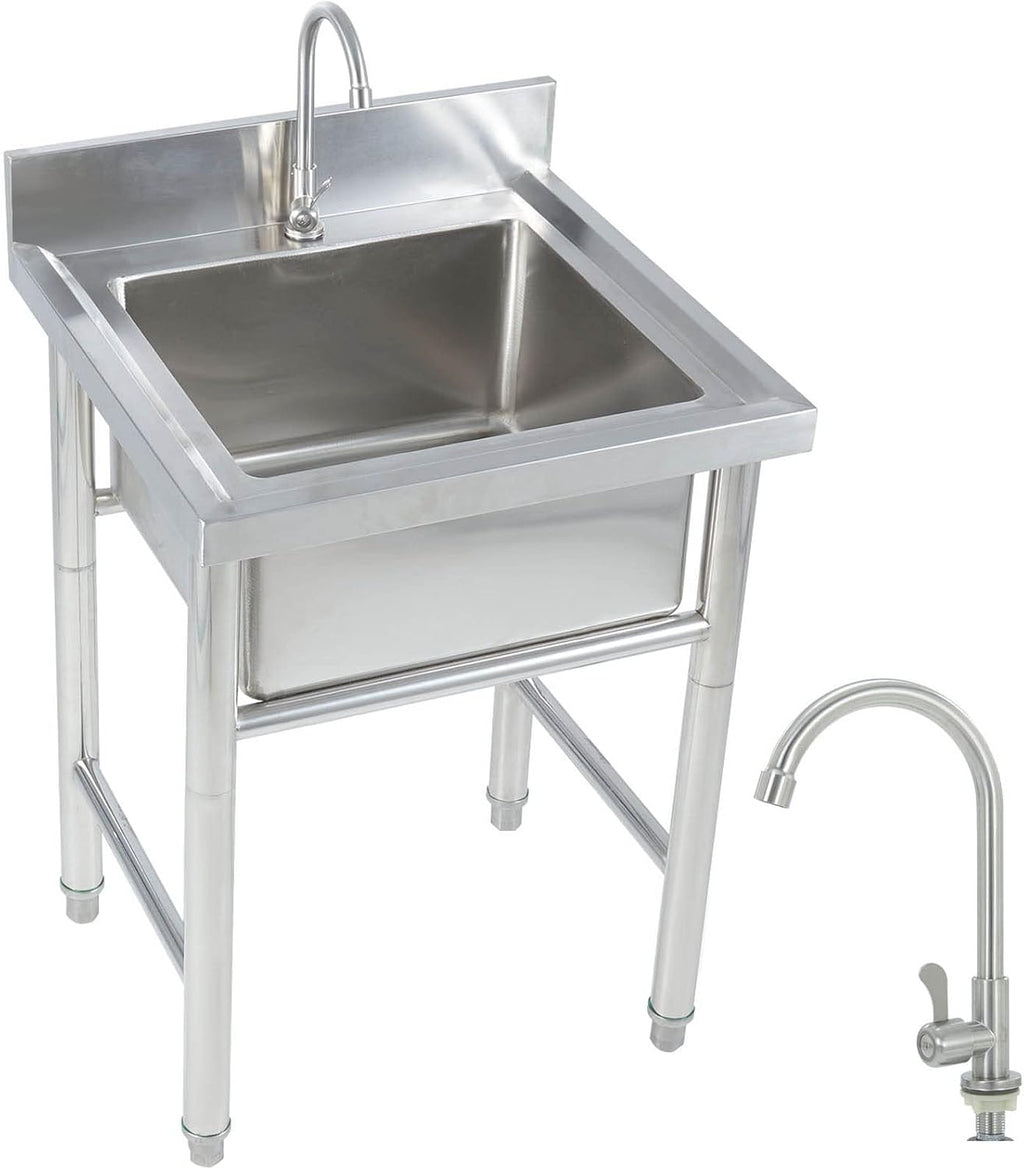Single Bowl Sink Stainless-Steel Sink Free Standing Handwashing Station for Indoor Outdoor Prep Sinks with Drainer Unit & Faucet, Silve