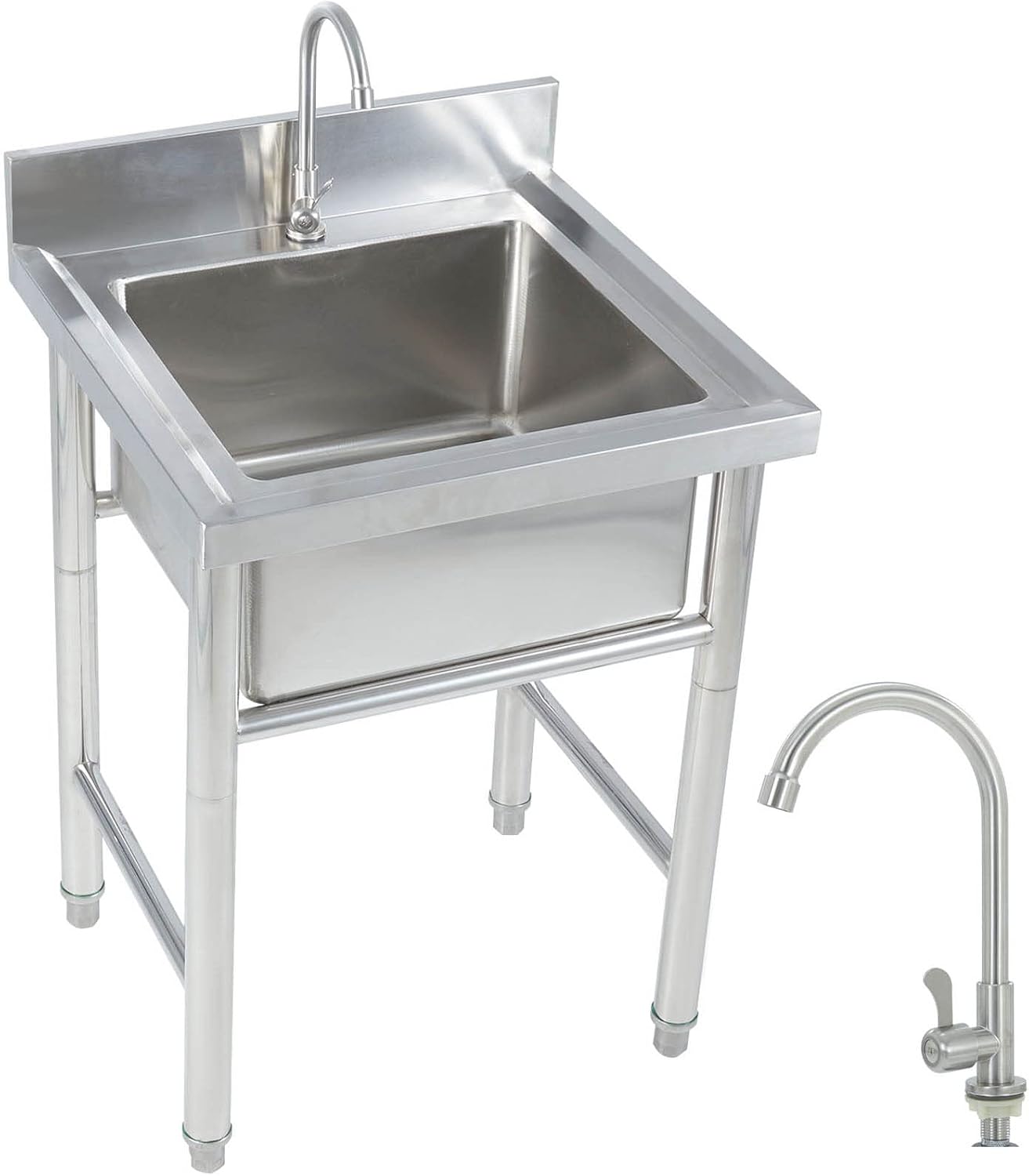 Single Bowl Sink Stainless-Steel Sink Free Standing Handwashing Station for Indoor Outdoor Prep Sinks with Drainer Unit & Faucet, Silve