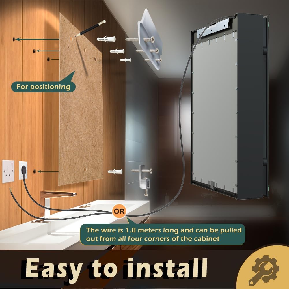KWW LED Lighted Bathroom Medicine Cabinet with Backlit Panel, Sockets & USBs. Anti-Fog, Dimmable, 3 Color Light Makeup Mirror, Easy to Install, Wall Mounted (Inner Glow-Left hinge-20 * 28)