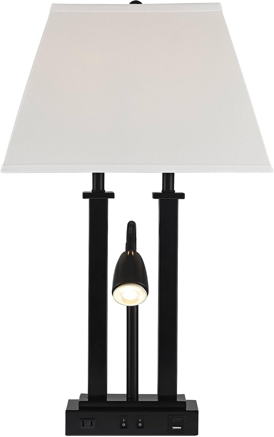 Possini Euro Design Deacon 26' High Modern Gooseneck Desk Lamp with USB Charging Ports A+C and AC Outlet LED Black Metal Oatmeal Linen Fabric Shade for Living Room Bedroom House Bedside Nightstand