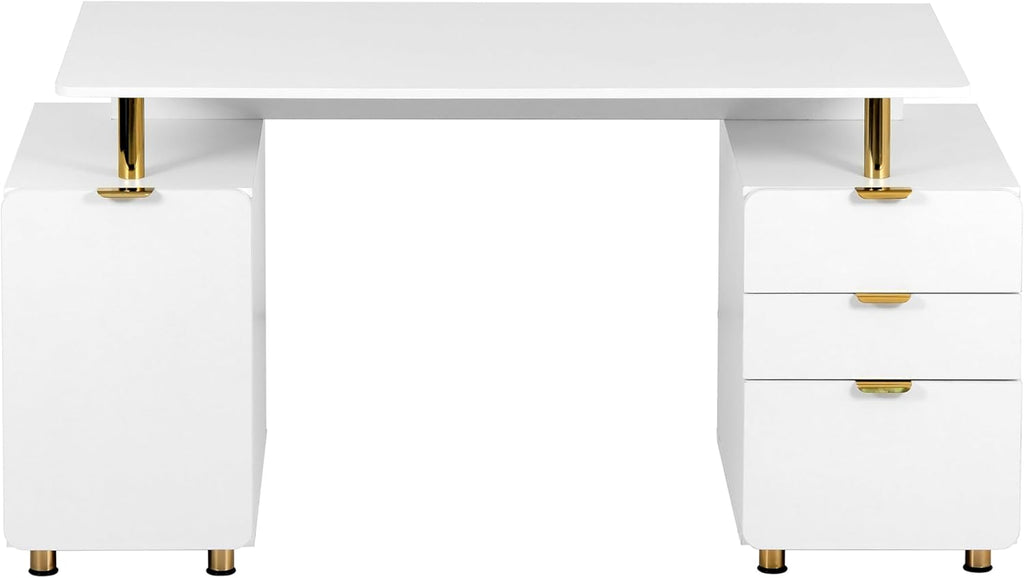 Elegant 57' W Executive Desk with 3 Drawers and Storage Cabinet, Modern Office Desk with Gold Accents, Floating Work Surface, Closed Storage with Ventilation & Adjustable Shelf (White,Gold)