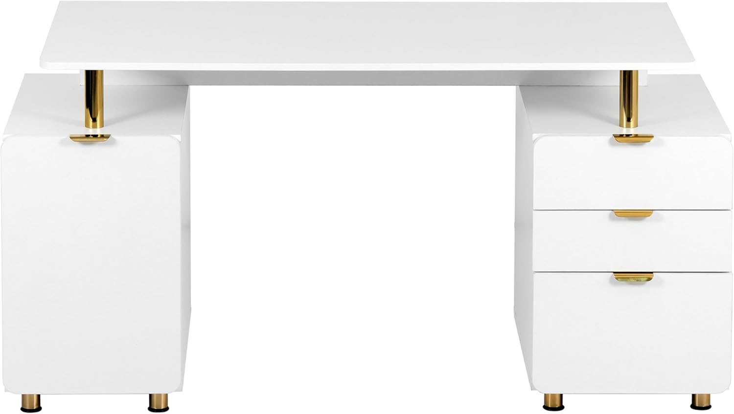 Elegant 57' W Executive Desk with 3 Drawers and Storage Cabinet, Modern Office Desk with Gold Accents, Floating Work Surface, Closed Storage with Ventilation & Adjustable Shelf (White,Gold)