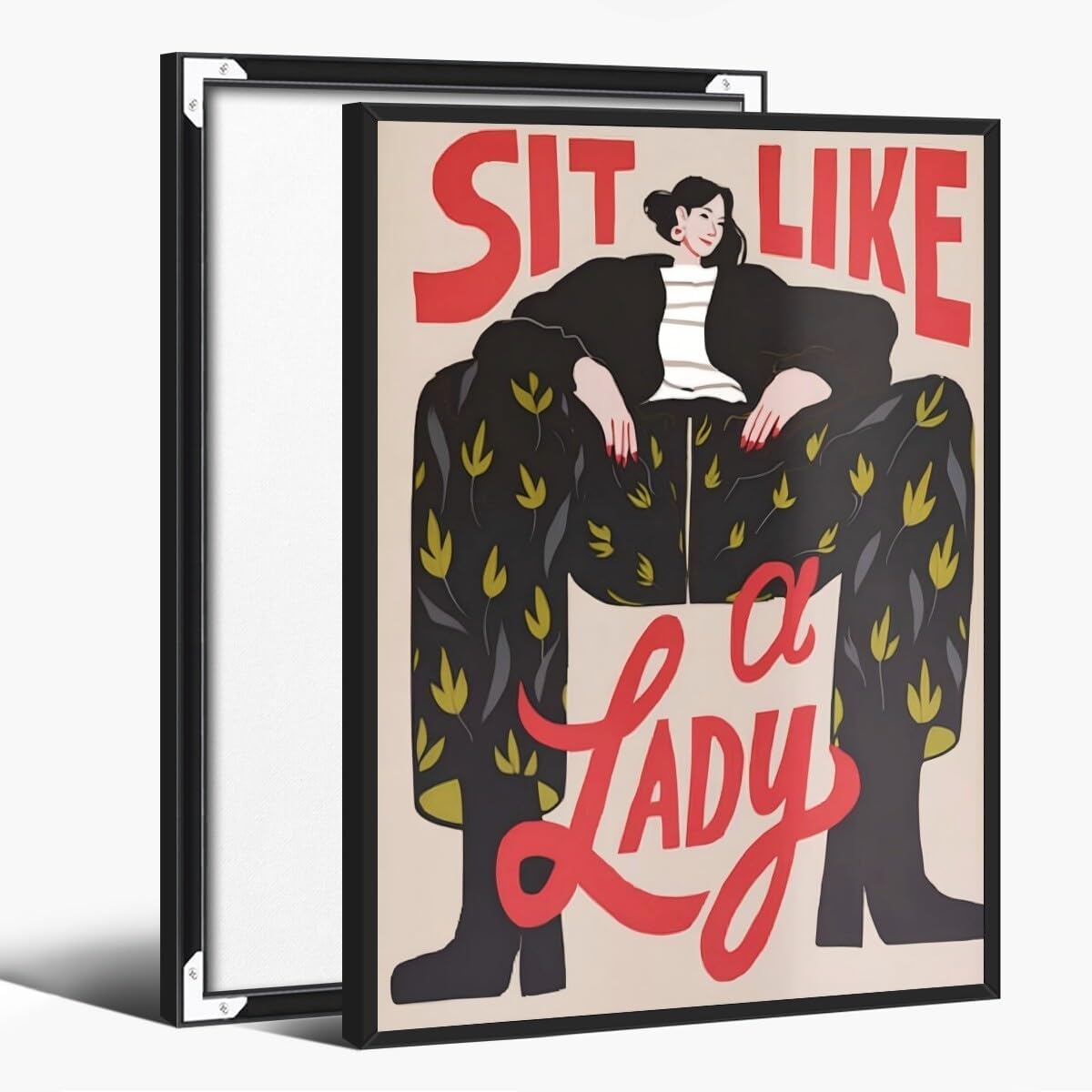 Retro Motivational Feminist Poster Trendy Sit Like a Lady Female Painting Abstract Girl Power Quote Womans Right Inspired Wall Decor for Girls Bedroom Dorm Office 24x36inch Black Aluminum Framed