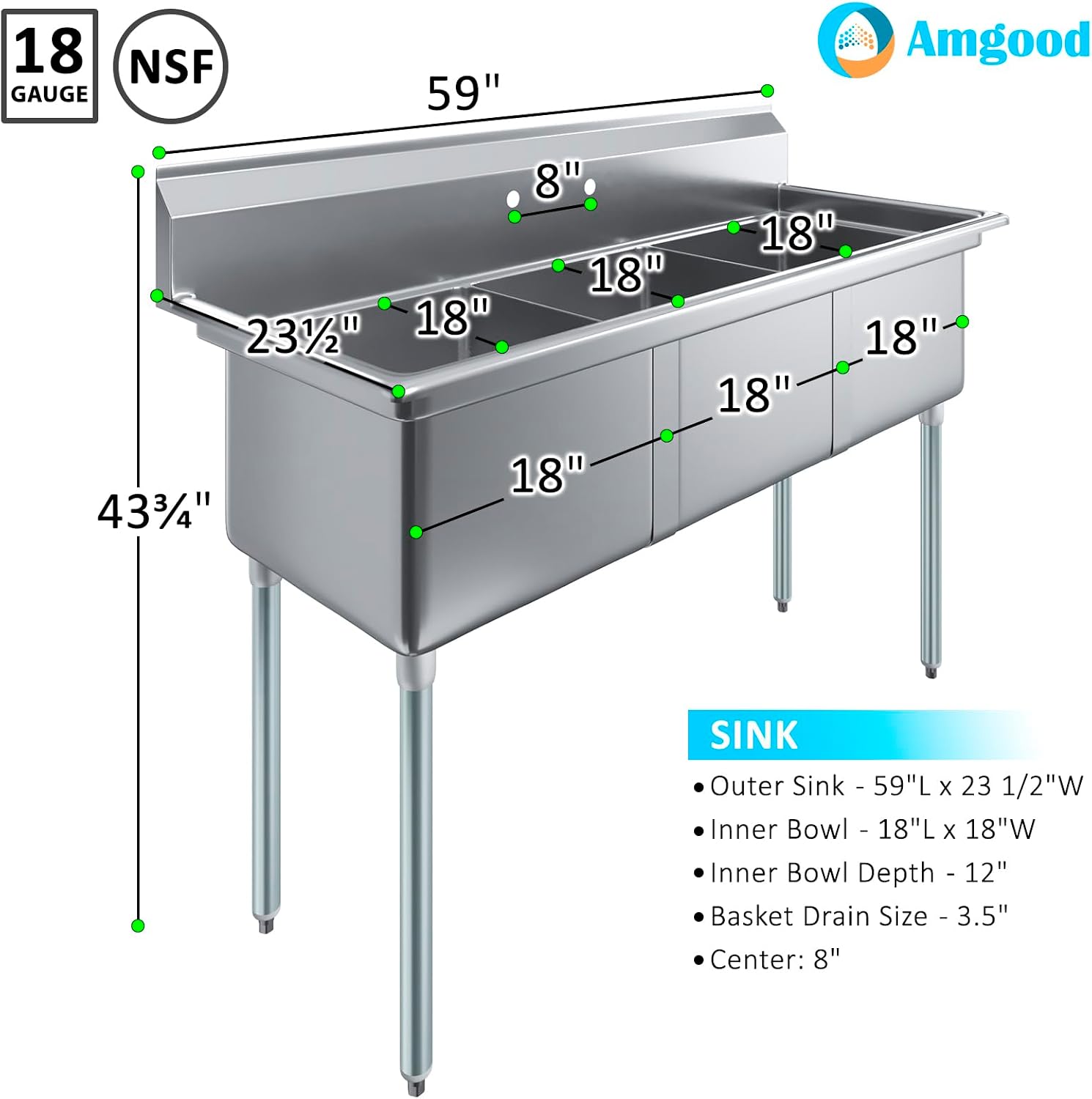 Three Compartment Stainless Steel Commercial Kitchen Prep & Utility Sink | Bowl Size 18' x 18' X 12' | NSF