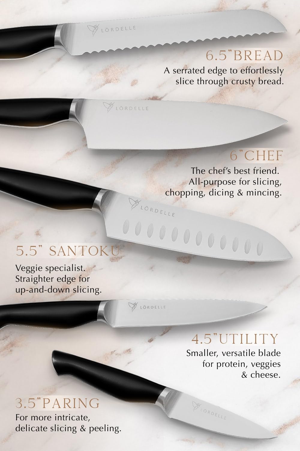 LORDELLE Knife Block Set - 5 Piece Set - Black Vintage Ink - Lifestyle Home Kitchen Design - German X50 Stainless Steel - ABS Handle - Ash Wood Block - Cooking Chef Knife, Santoku, Paring, Utility