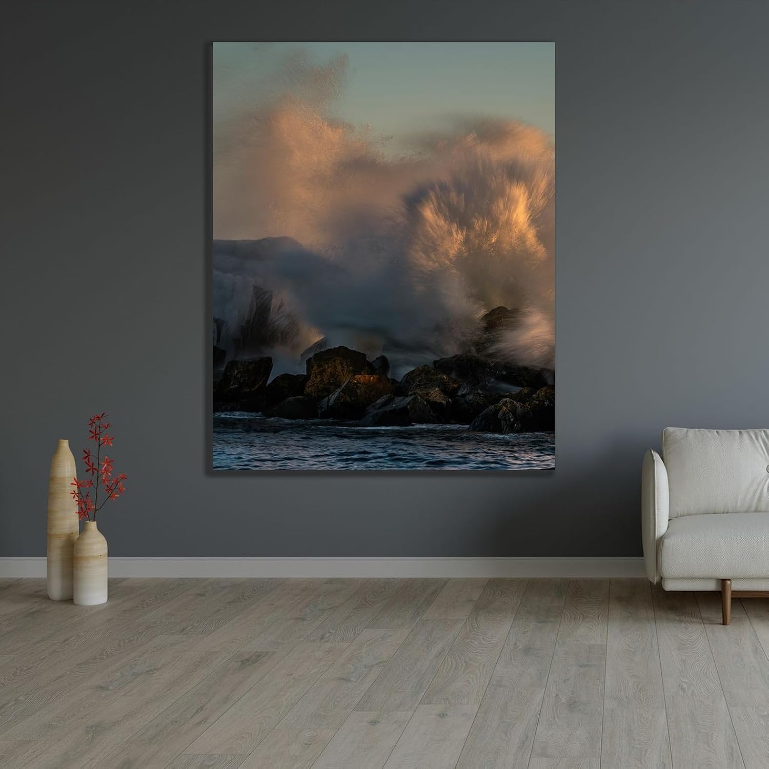 ArtDirect Jaynes Gallery 28x34 Gallery Wrapped Canvas Museum Art Titled: Minnesota-Lake Superior Lake waves breaking on rocks at sunset