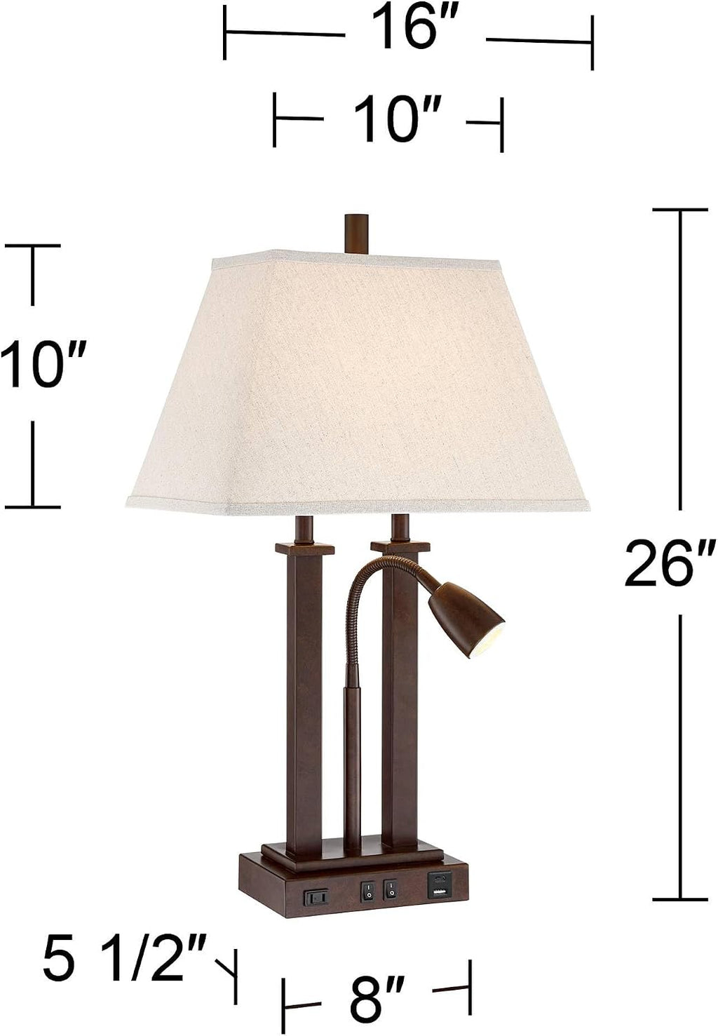 Possini Euro Design Deacon 26' High Modern Desk Table Lamp with USB Charging Ports A+C and AC Power Outlet in Base Gooseneck LED Bronze Rectangular Linen Shade for Living Room Bedroom House Bedside