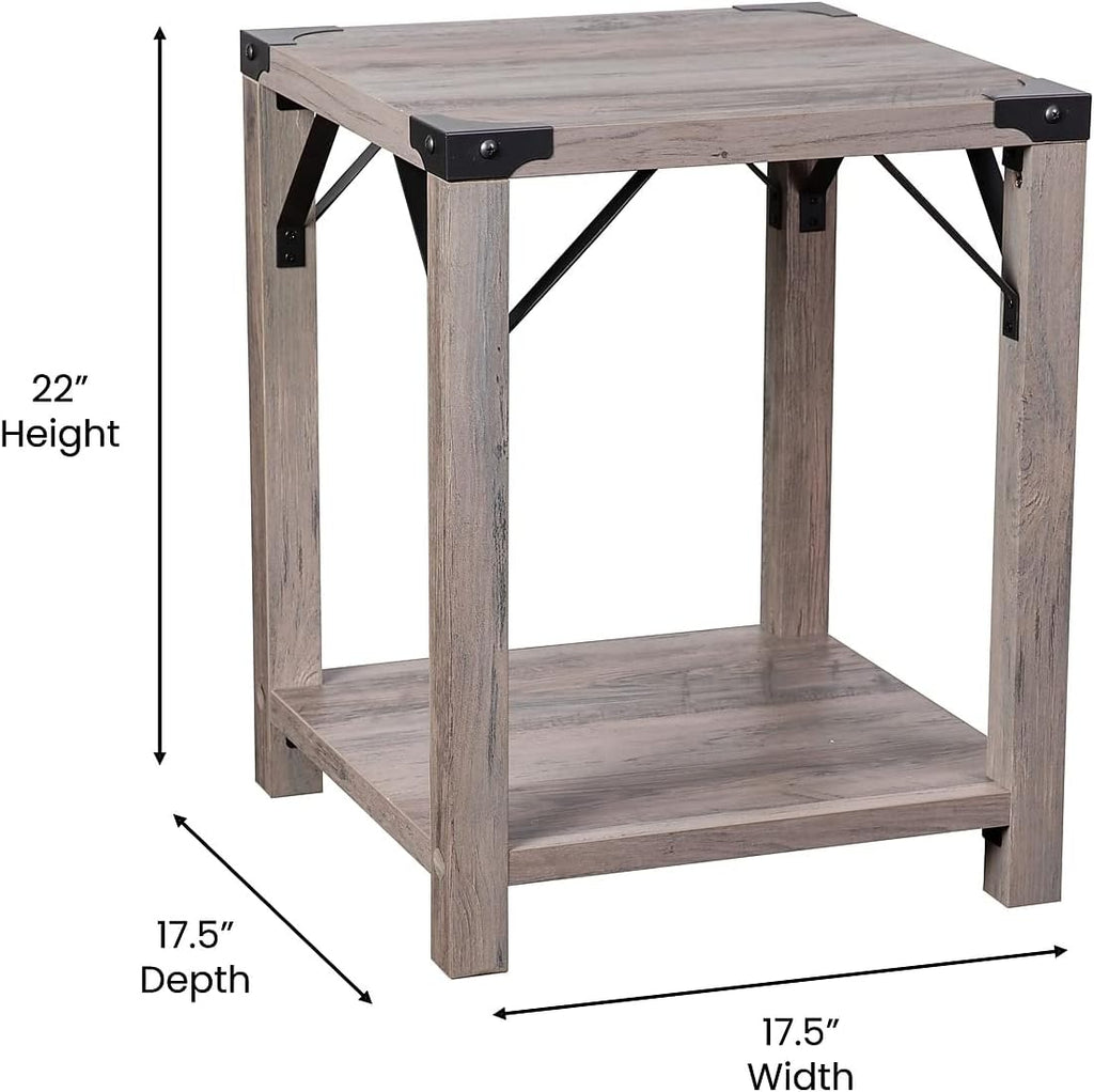 Flash Furniture Wyatt Modern Farmhouse 2 Tier Side Table - Gray Wash Engineered Wood Frame - Black Metal Crisscross Side Braces and Corner Accents