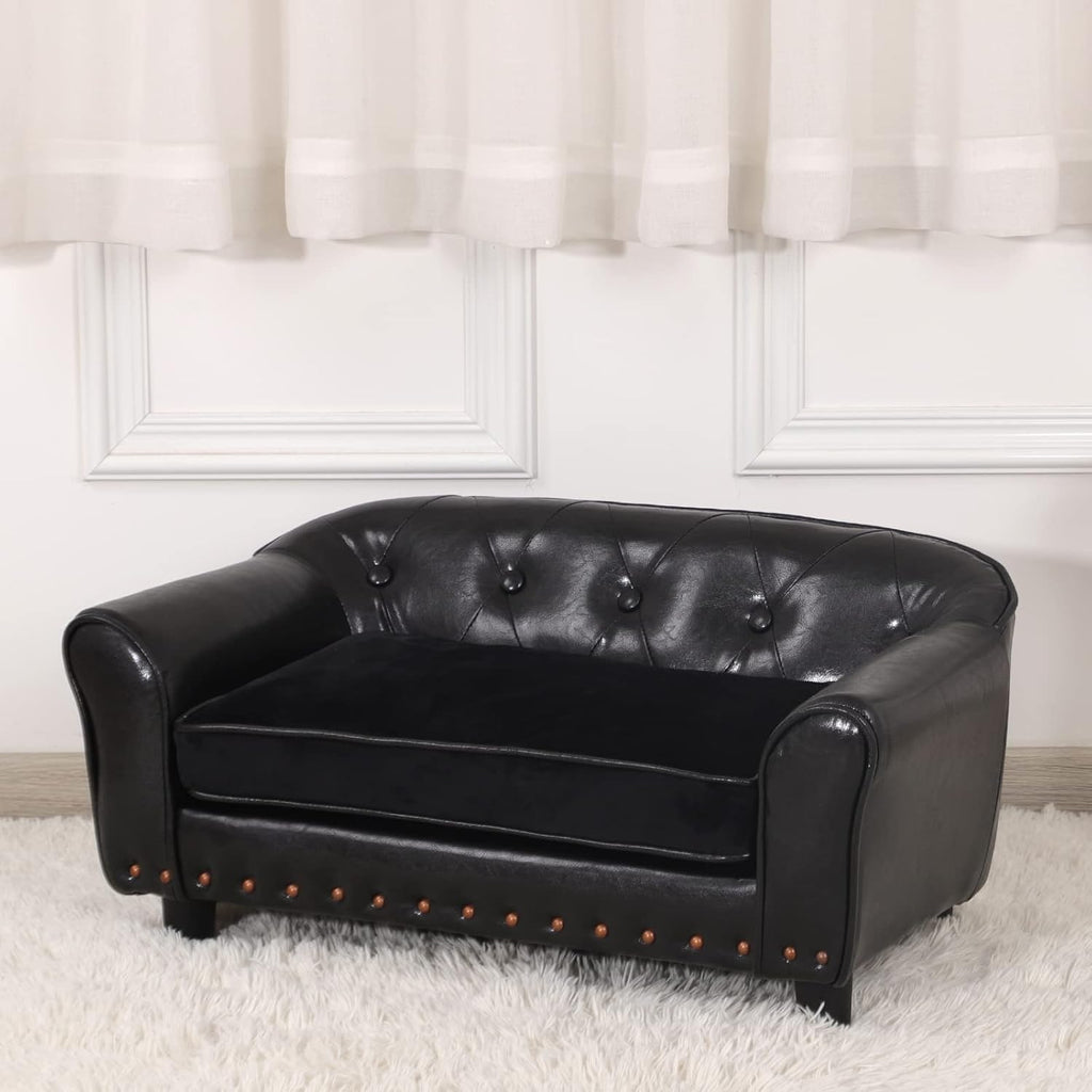 Dog Couch,Puppy Bed,Cat Sofa,Cat Couch,Pet Sofa,Dog Chair,Small Pet Bed with Copper Nail and Wooden Frame, Leather Fabric and Cushion,for Small Animals Using (Black)