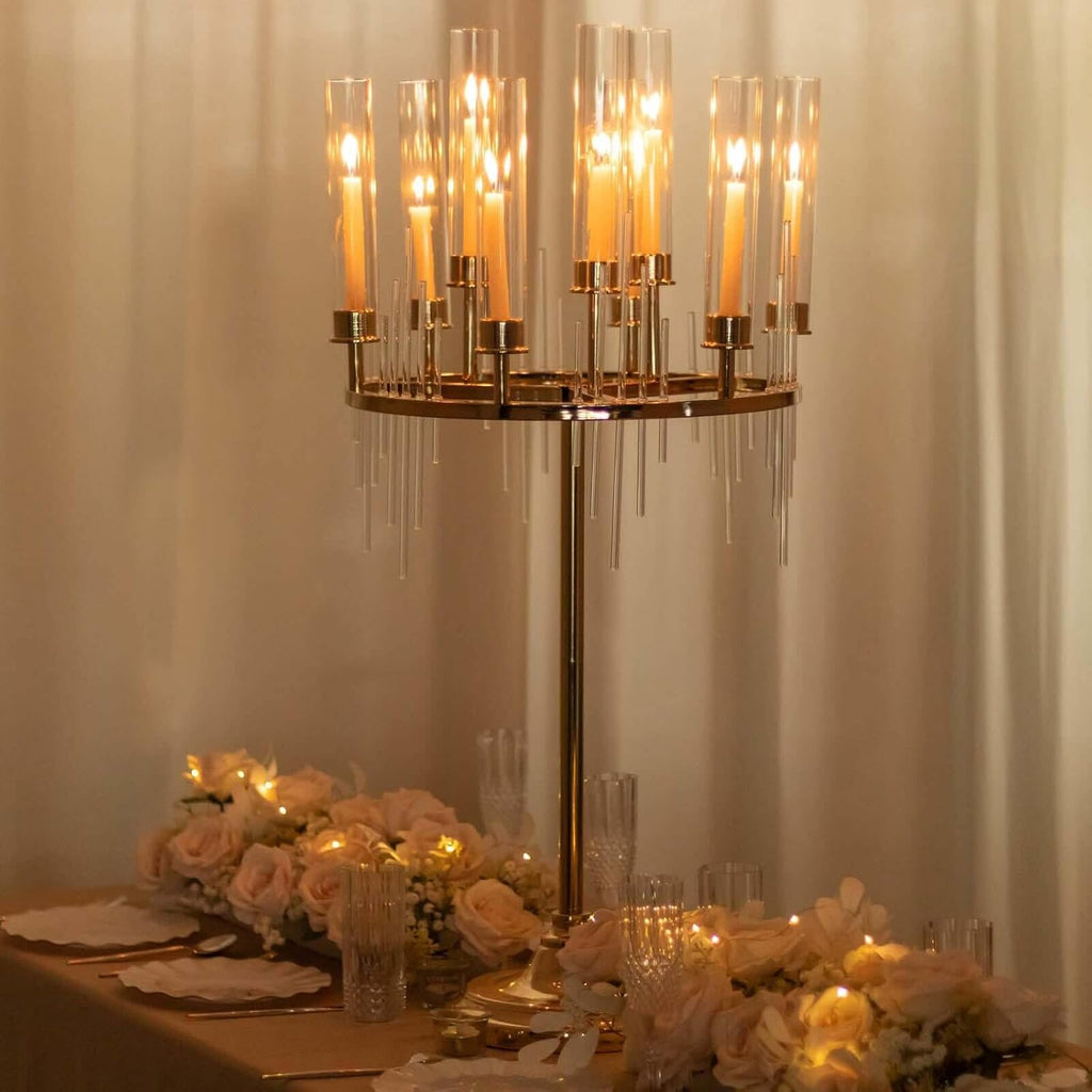 Efavormart 40' Tall 9-Arm Gold Candelabra Centerpiece, Luxury Taper Candle Holder with Clear Glass Hurricane Shades & Crystal Drip Accents for Weddings