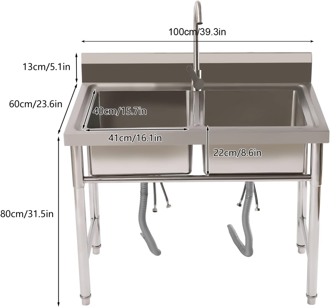 Stainless Steel Sink 2 Compartment Commercial Utility Sink Free Standing Kitchen Sinks with Cold and Hot Water Faucets for Kitchens, Garage, Laundry Room (39.4'W× 23.6'D× 37.4'H)