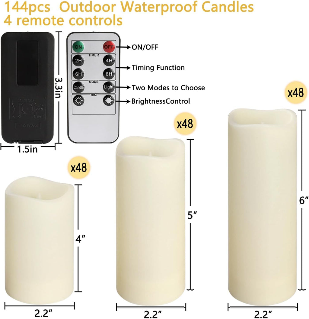 144-Pack LED Flameless Flickering Candles with Remote Control and 2/4/6/8 H Timer Led Pillar Candles of Wedding, Table, Halloween,Christmas Decorations and Special Occasions (Three Sizes)