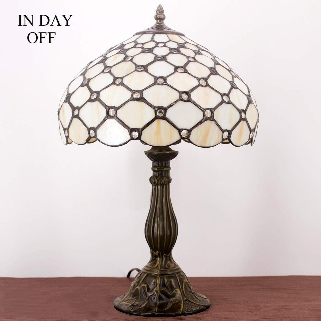 WERFACTORY Tiffany Lamp Cream Amber Stained Glass Bead Table Lamp Desk Bedside Reading Light 12X12X18 Inches Deco Bedroom Living Room Home Office S005 Series