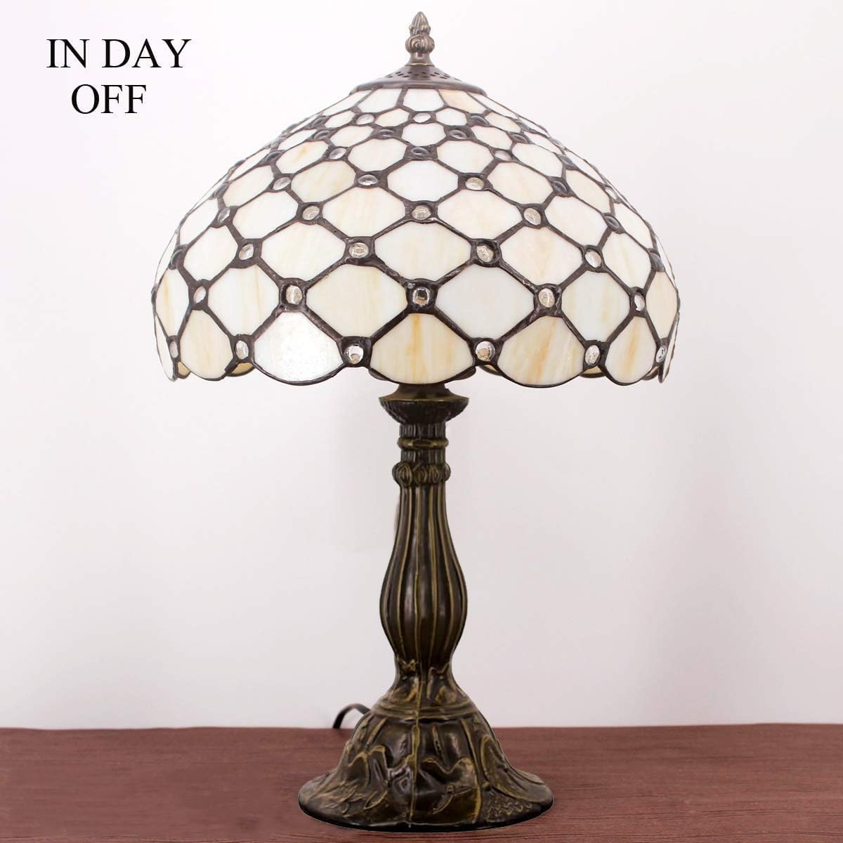 WERFACTORY Tiffany Lamp Cream Amber Stained Glass Bead Table Lamp Desk Bedside Reading Light 12X12X18 Inches Deco Bedroom Living Room Home Office S005 Series