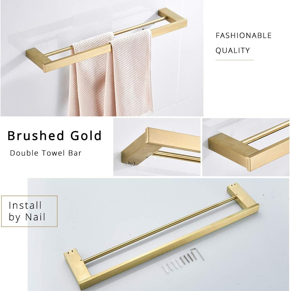 Brushed Gold Bathroom Accessories Set Stainless Steel Toilet Paper Holder Toilet Brush Holder Storage Shelf Towel Bar,Double Towel Bar