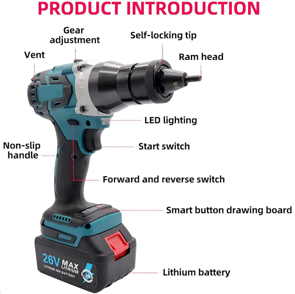 Cordless Riveter Rivet Nut Tool Kit, Heavy Duty Rivet Gun, Pop Rivet Gun Set, Professional Hand Riveter, Manual Riveting Tool, Nuts Include M3 M4 M5 M6 M8 M10 M12 Nut Tools,2200mah