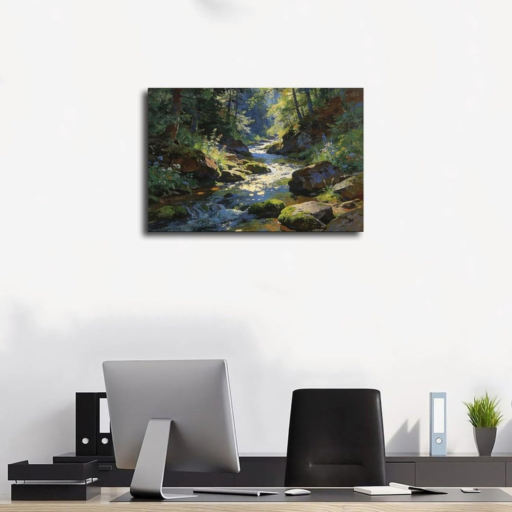 Forest Stream Wall Art Print, Sunlit Woodland Creek And Mossy Rocks Landscape Painting, Nature Poster for Living Room Bedroom Cabin Decor 24x36inch(60x90cm)