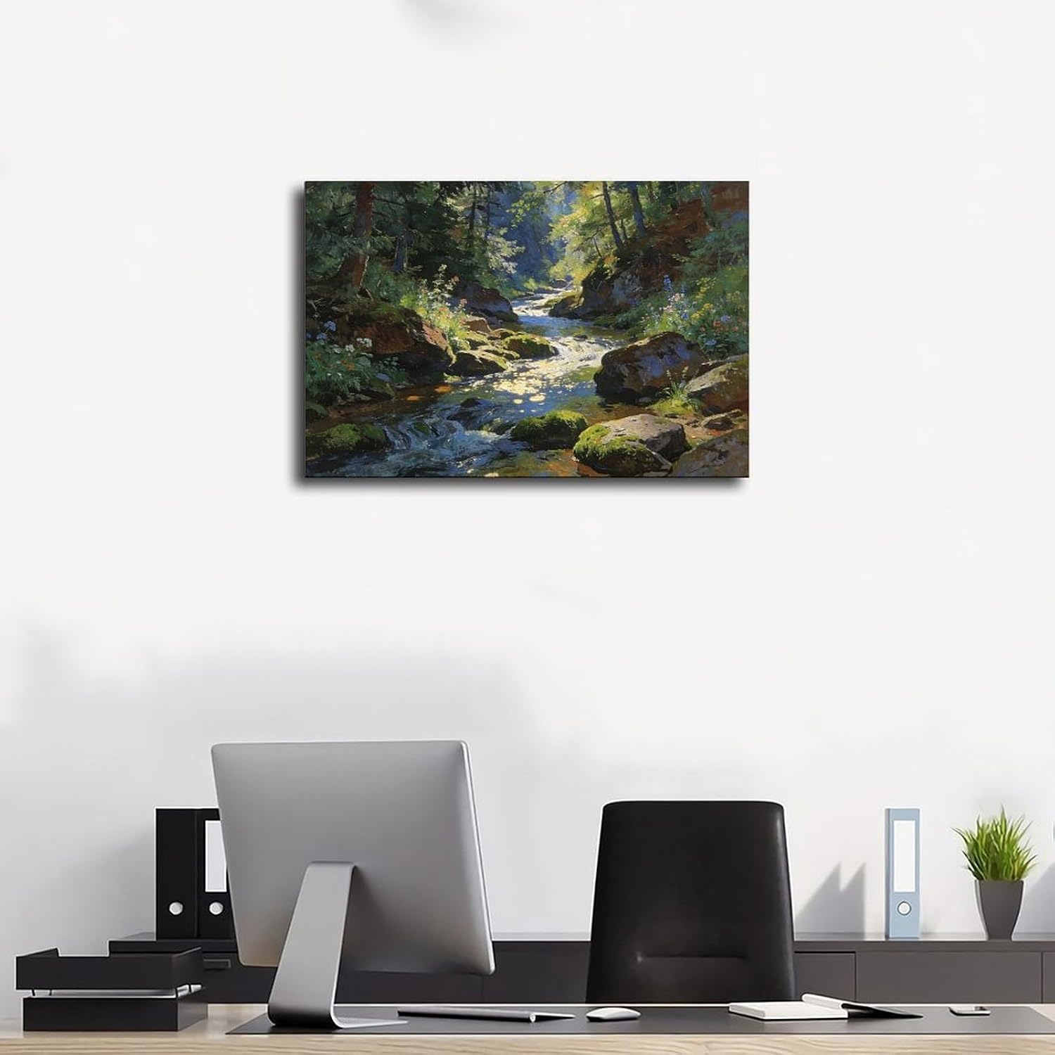 Forest Stream Wall Art Print, Sunlit Woodland Creek And Mossy Rocks Landscape Painting, Nature Poster for Living Room Bedroom Cabin Decor 24x36inch(60x90cm)