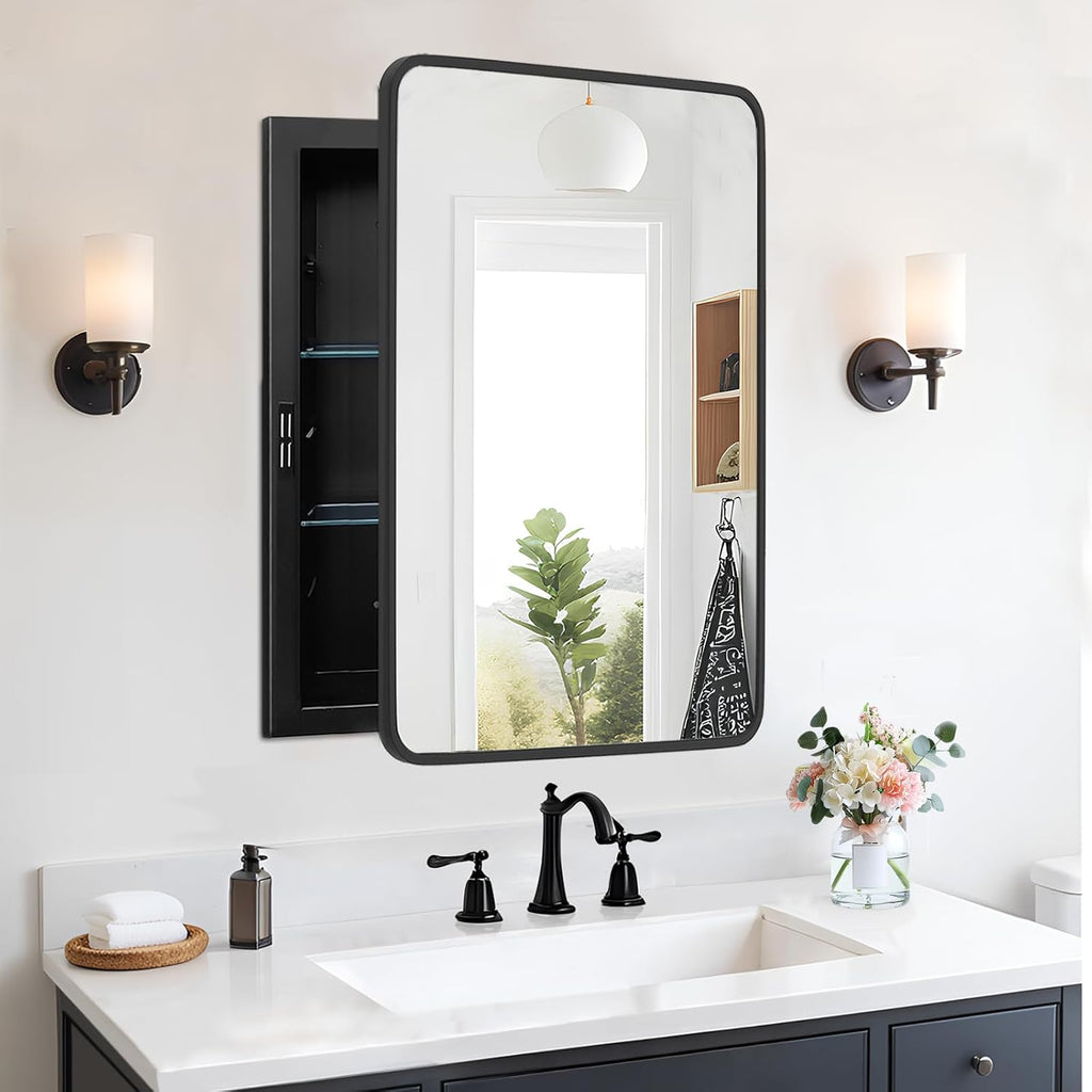22'x30' Medicine Cabinet Mirror, Black Bathroom Cabinet with Mirror Wall-Mounted or Recessed, Bathroom Vanity Mirror with Storage, Solid Metal Frame, Adjustable Glass Shelves