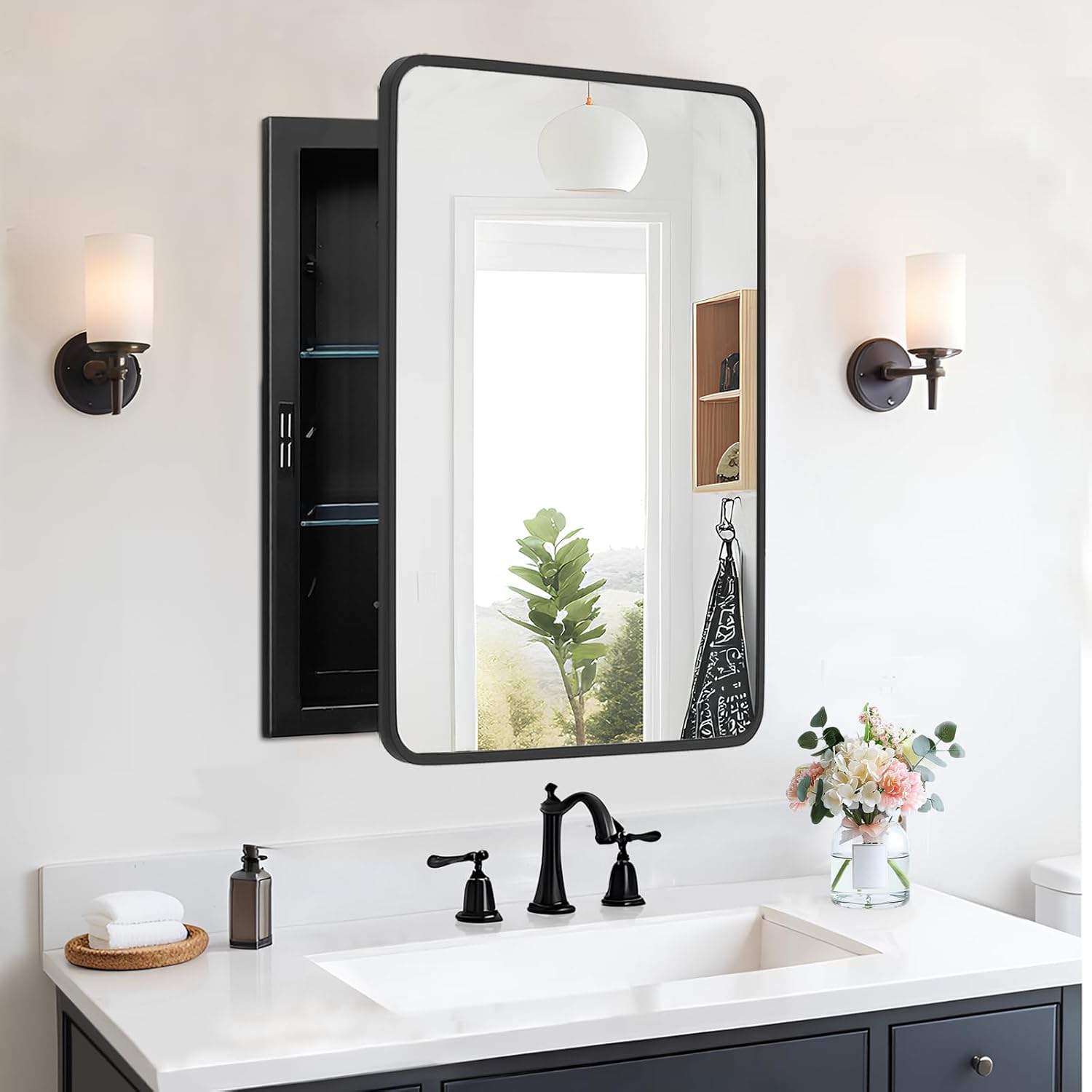 22'x30' Medicine Cabinet Mirror, Black Bathroom Cabinet with Mirror Wall-Mounted or Recessed, Bathroom Vanity Mirror with Storage, Solid Metal Frame, Adjustable Glass Shelves
