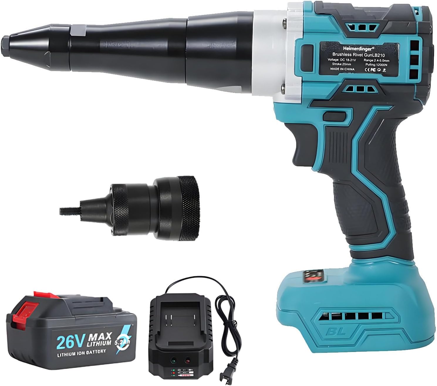 26V Cordless Electric Rivet Gun Brushless - Battery Powered Pop Rivet Tool Kit with Toolbox, 11000N Pulling Force, Fits 0.12-0.2in Rivets, Quiet Working for DIY, Mechanic Dual-useversion