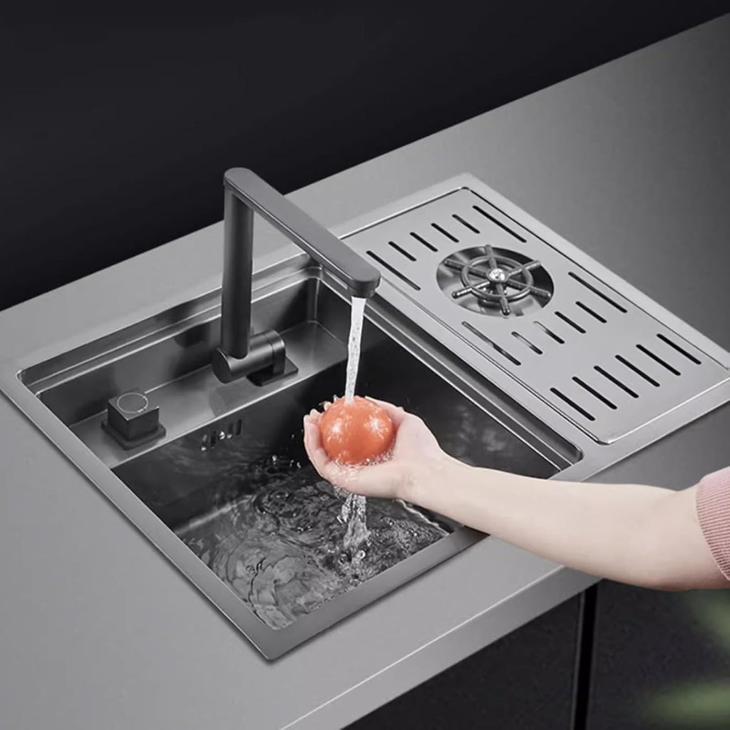 Black Hidden Sink with Lid Bar Sink with Cup Washer Kitchen Single Bowl Sink 304 Stainless Steel Sink Foldable Faucet (