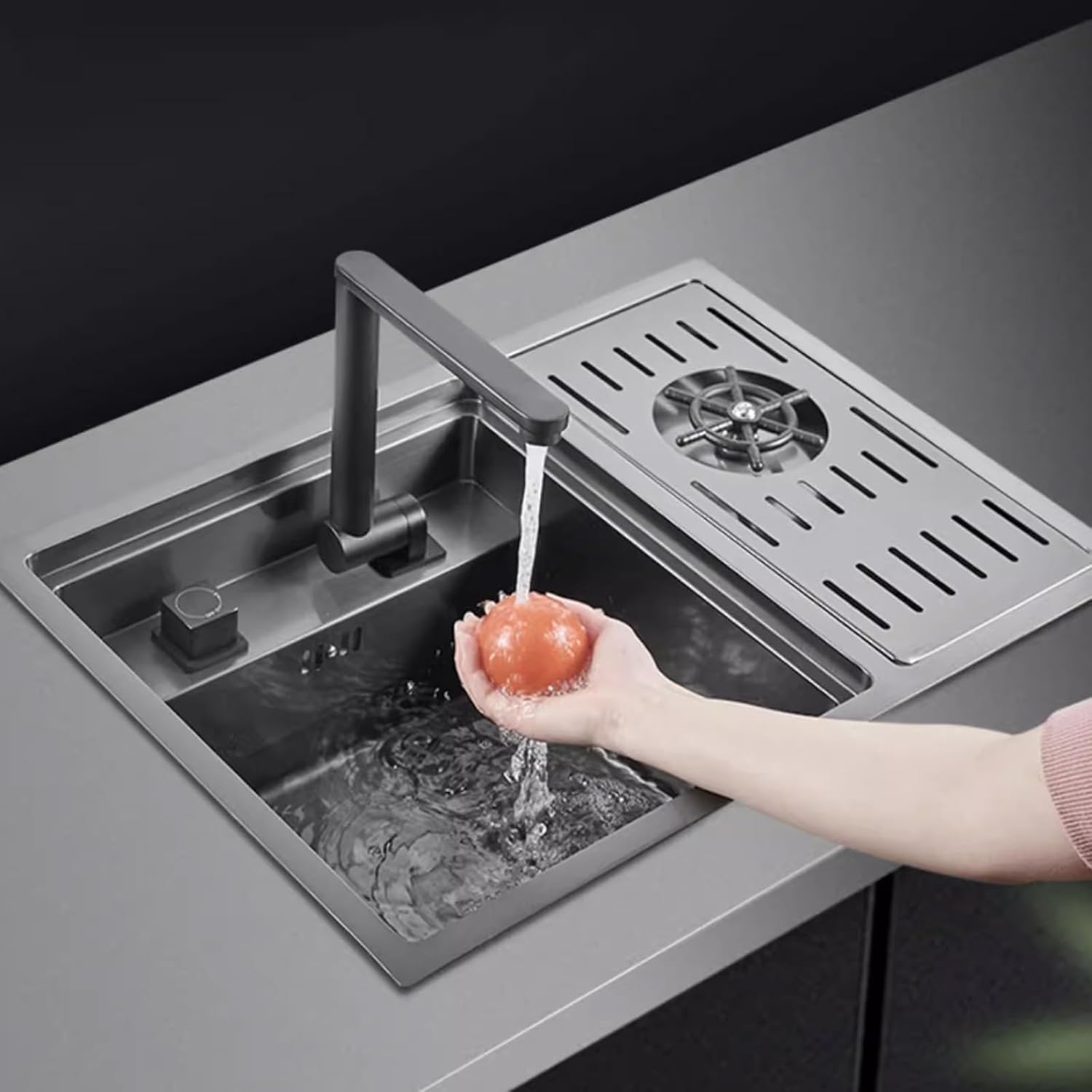 Black Hidden Sink with Lid Bar Sink with Cup Washer Kitchen Single Bowl Sink 304 Stainless Steel Sink Foldable Faucet (