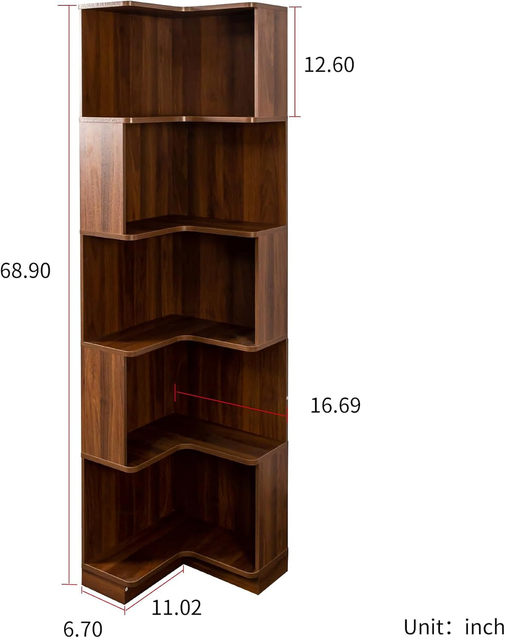 5-Tier Corner Bookshelf, L-Shaped Wood Corner Shelf with LED Lights and Baffle, Farmehouse Bookcase for Home Office Living Room Apartment, Walnut