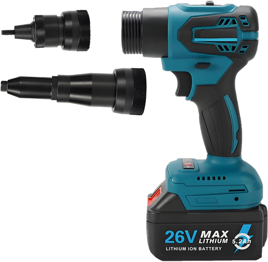 26V Cordless Electric Rivet Gun Brushless Motor - Portable Battery Pop Rivet Tool Kit, LED Light, Ergonomic Handle, Quiet No-Spark for Automotive, Construction Dual-useversion