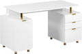 Elegant 57' W Executive Desk with 3 Drawers and Storage Cabinet, Modern Office Desk with Gold Accents, Floating Work Surface, Closed Storage with Ventilation & Adjustable Shelf (White,Gold)