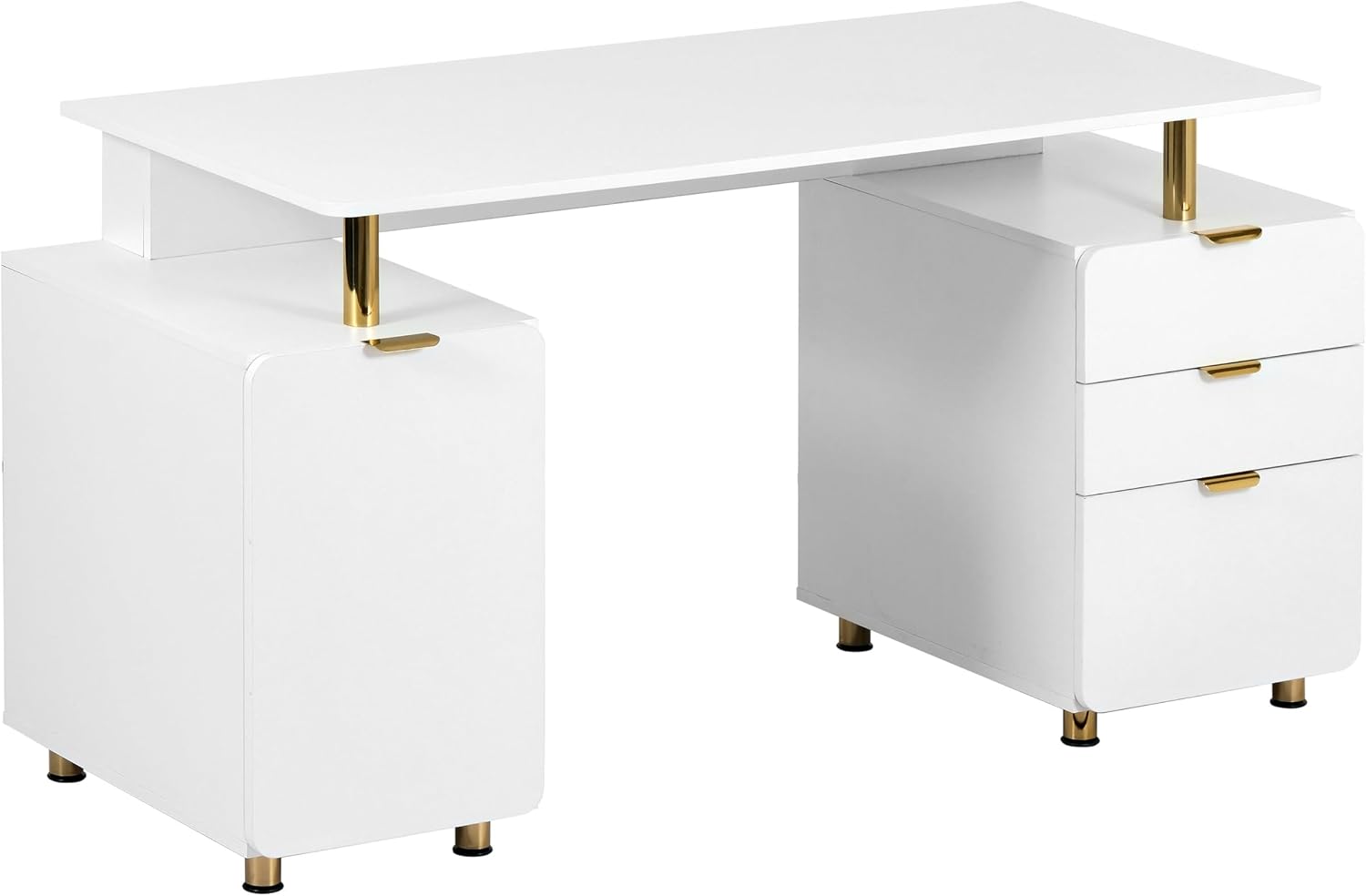 Elegant 57' W Executive Desk with 3 Drawers and Storage Cabinet, Modern Office Desk with Gold Accents, Floating Work Surface, Closed Storage with Ventilation & Adjustable Shelf (White,Gold)