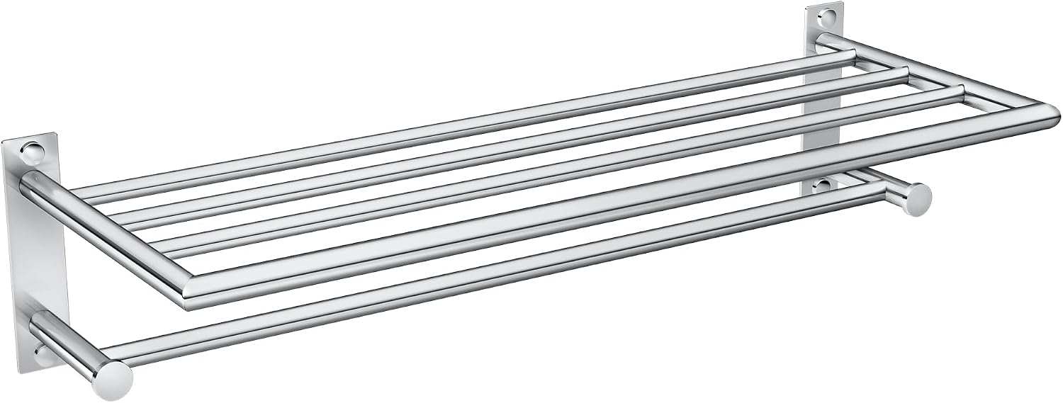 Moen Y5794CH 24-Inch Wide Modern Bathroom Hotel-Style Towel Storage Shelf with Towel Bar, Chrome