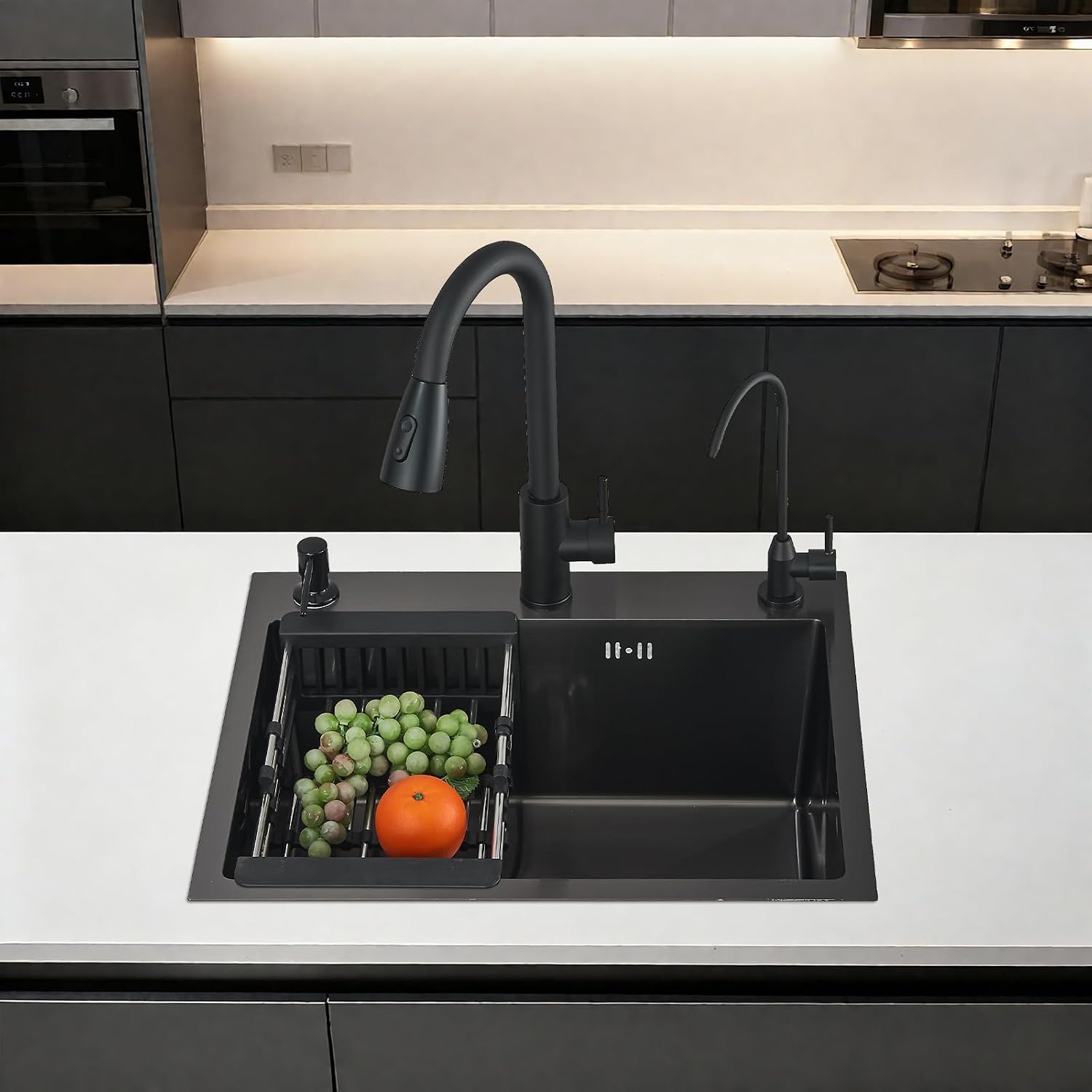 Stainless Steel Kitchen Sink Black, Topmount/Undermount Single Bowl Farmhouse Workstation Sink with Drainer and Full Fittings Accessories, One Bowl Sinks for Kitchens 60 * 45cm