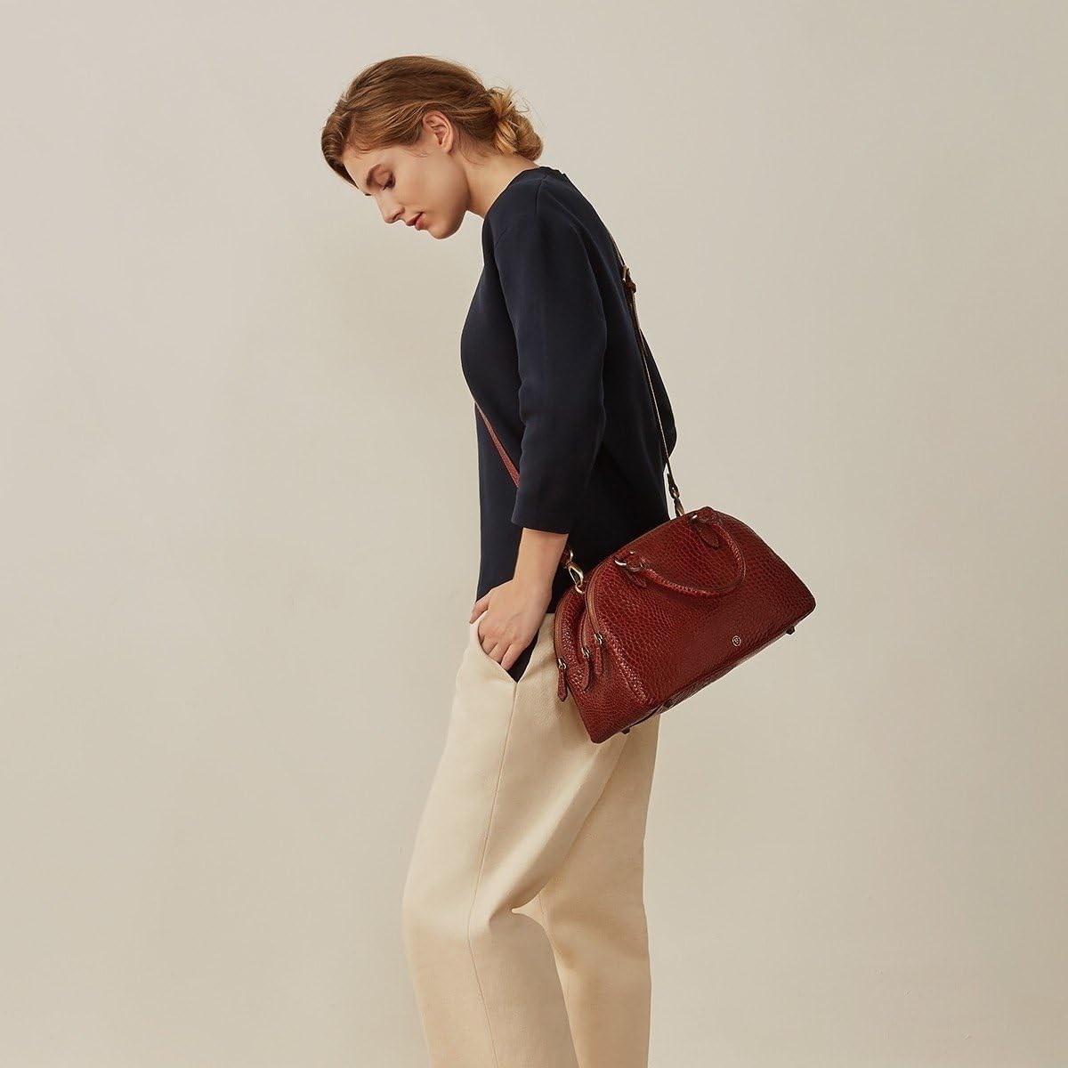 Maxwell Scott - Womens Luxury Leather Triple Zip Bowling Bag Purse with Shoulder Strap - The LilianaS Croco