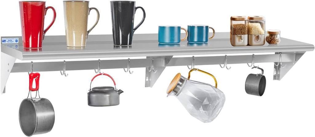 Hally Stainless Steel Shelf with 8 Hooks 14' x 72' Wall Mounted Pot Rack 400lb, NSF Commercial Floating Shelving for Storage Hanging Pots, Pans, cookware in Restaurant, Kitchen, Home and Hotel