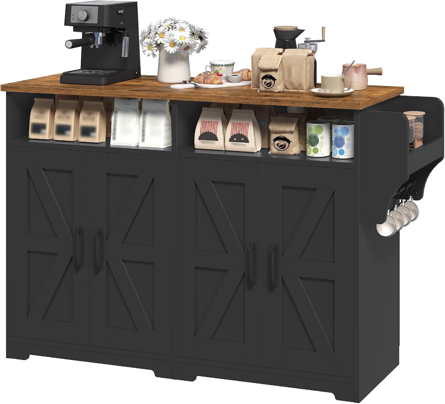 YATINEY Coffee Bar Cabinet, Kitchen Island with Storage, Farmhouse Sideboard Buffet Cabinet with Dual-Purpose Floating Shelf and Hooks, for Restaurant, Living Room, Rustic Brown KF32BR