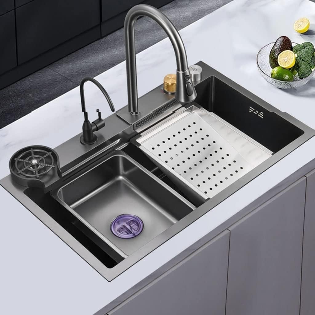 Kitchen Sink Pull-Out Waterfall Faucet Sink Single Bowl Sink for Undermount and Built-in Installation/Black/75 * 45 * 20Cm (Black-75 * 45 * 20Cm