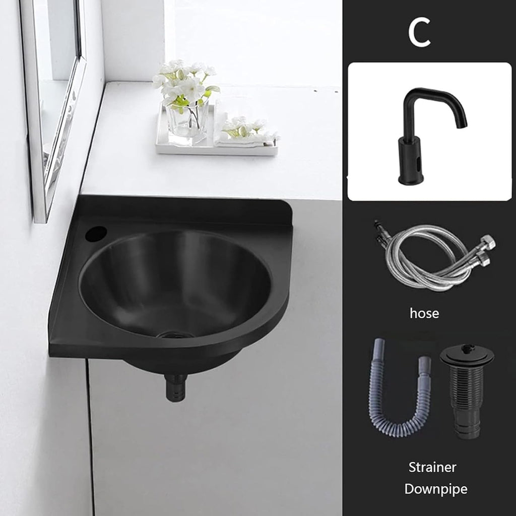 Single Bowl Sink, Stainless Steel Wall Mounted Wash Basin, Kitchen Sink Basin Small Sink Corner for Washing Food Prep, with Faucet Inlet Pipe (Color : Black, Size : C(32x32x45cm)) (Black C(32x32x