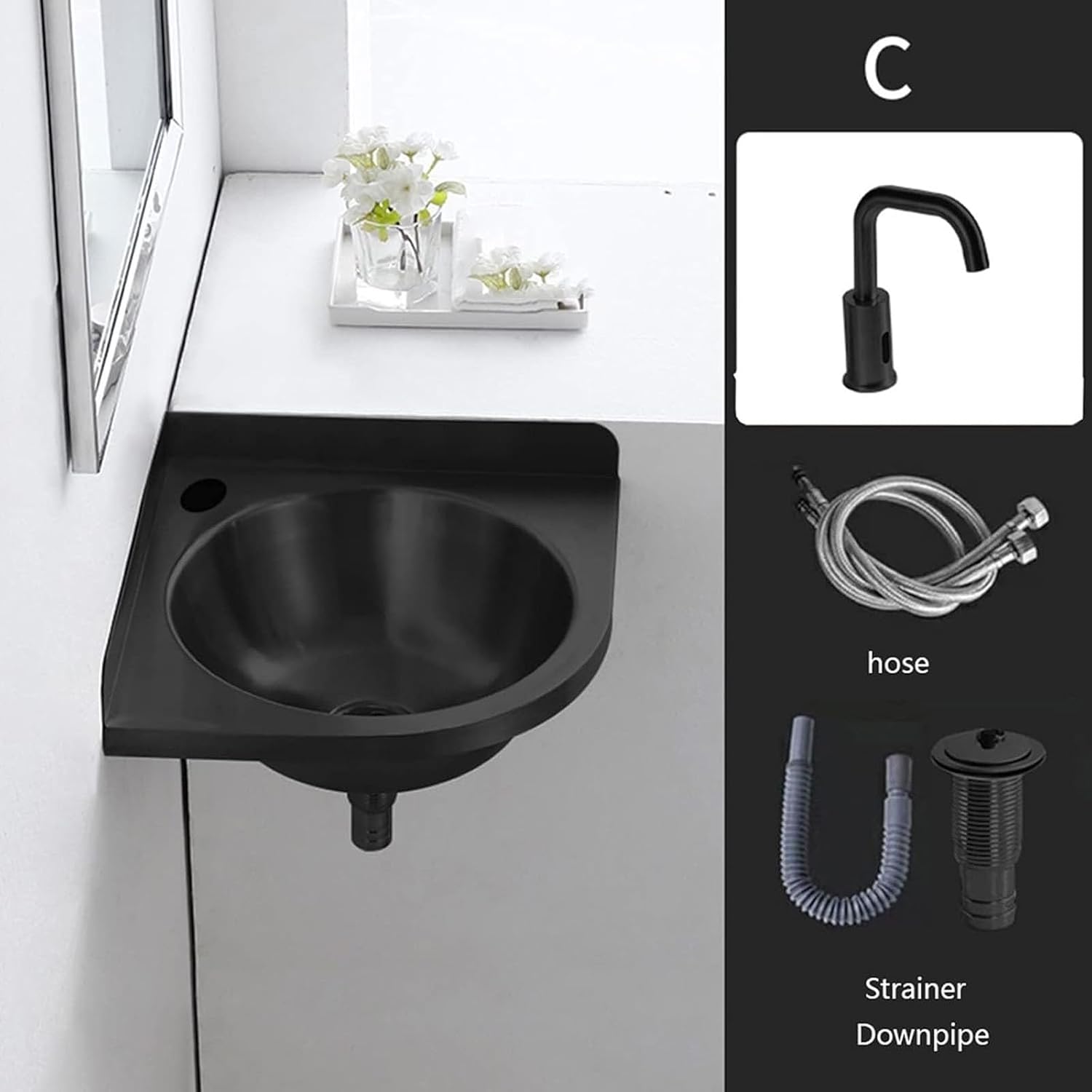 Single Bowl Sink, Stainless Steel Wall Mounted Wash Basin, Kitchen Sink Basin Small Sink Corner for Washing Food Prep, with Faucet Inlet Pipe (Color : Black, Size : C(32x32x45cm)) (Black C(32x32x