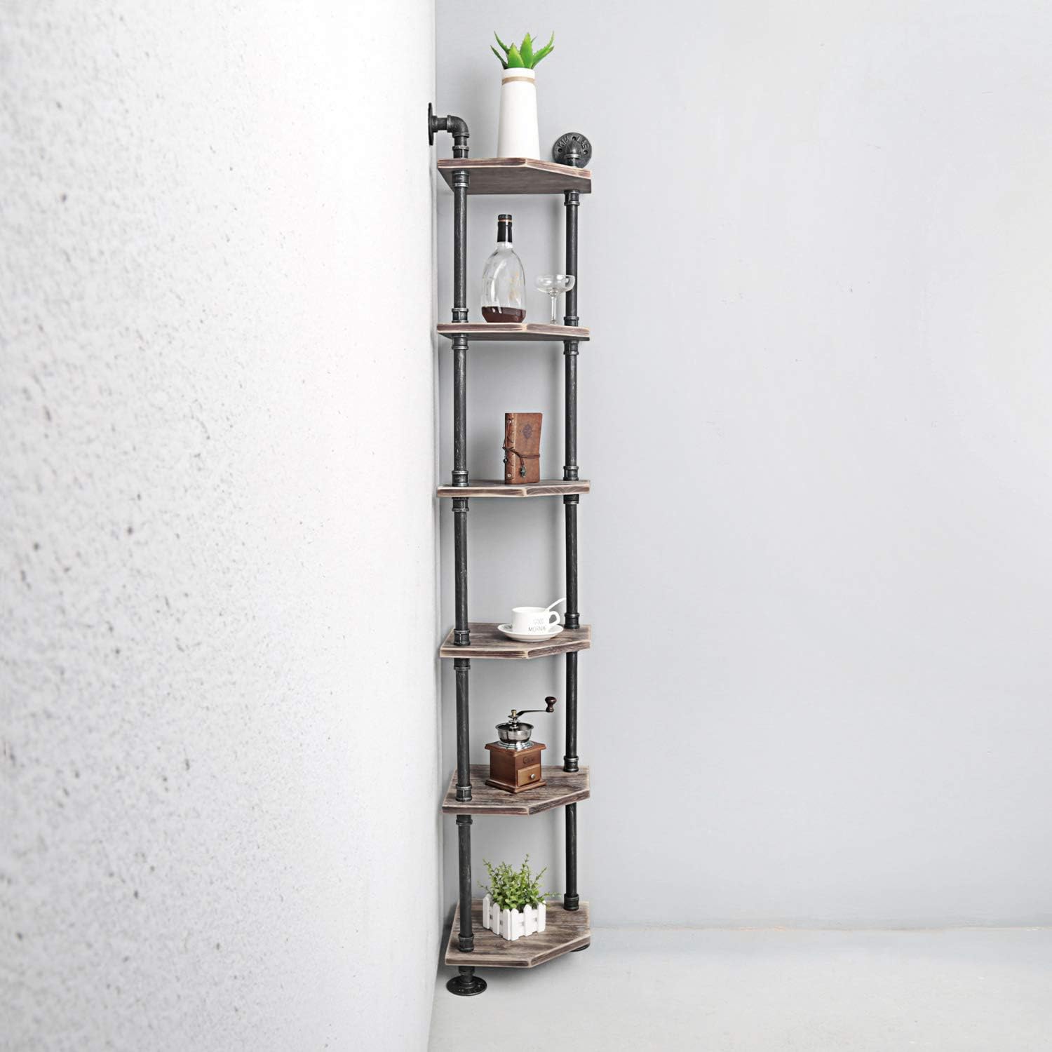 MBQQ Industrial Pipe Shelves Modern/Rustic Corner Book Shelves with Real Wood,Corner 6-Tier Bookshelf Display Stand,Metal Standing Home Decor Shelf Units