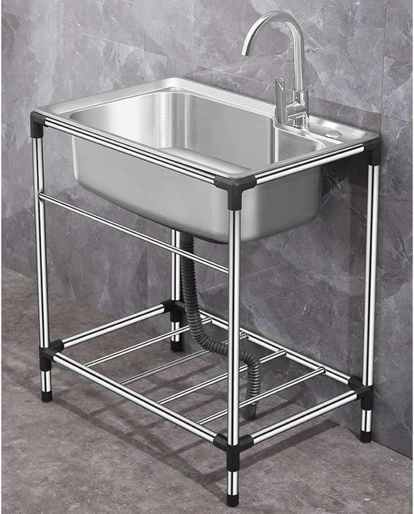 Free Standing Stainless Steel Single Bowl Sink with Faucet, Prep & Utility Washing Hand Basin W/Storage Shelves (Restaurant, Kitchen, Laundry, Garage) (Color : Silver, Size : 68x44cm) (Silver 58x
