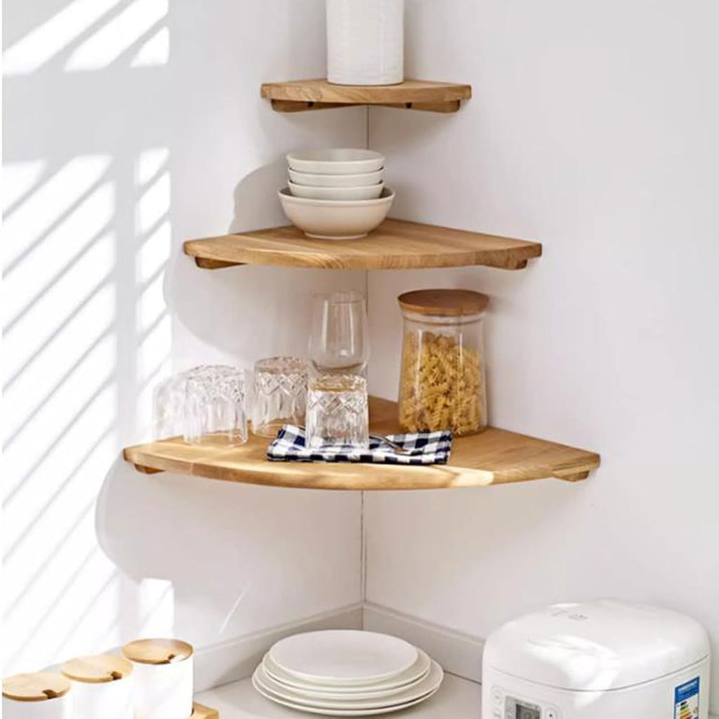 Wall Shelf 3pcs Set Corner Floating Shelf, Solid Oak Wood Floating Corner Shelf Wall Mounted, Wall Display Shelf for Small Plant Photo Frame for Bedroom Kitchen, Living Room Shelves Floatin (W
