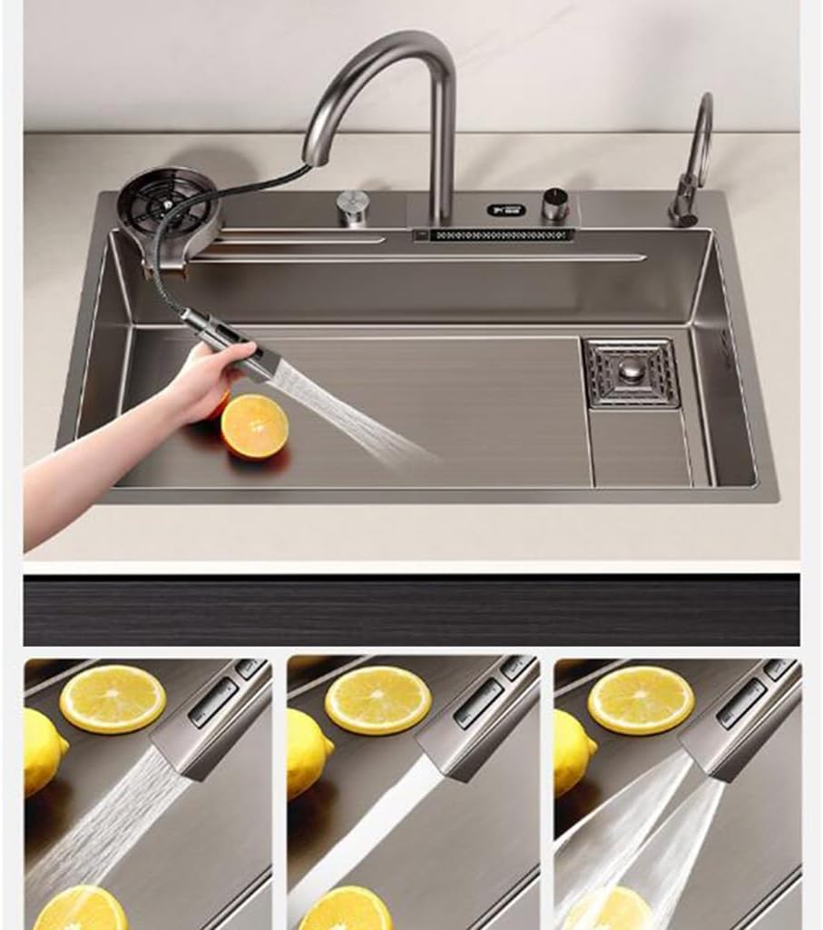 Kitchen Sinks, Single Bowl Stainless Steel Kitchen Waterfall Sink Pool Single Bowl Sink Table Basin with Cup Washer Faucet Siphon Home Commercial Beautiful (75 * 45 * 21Cm