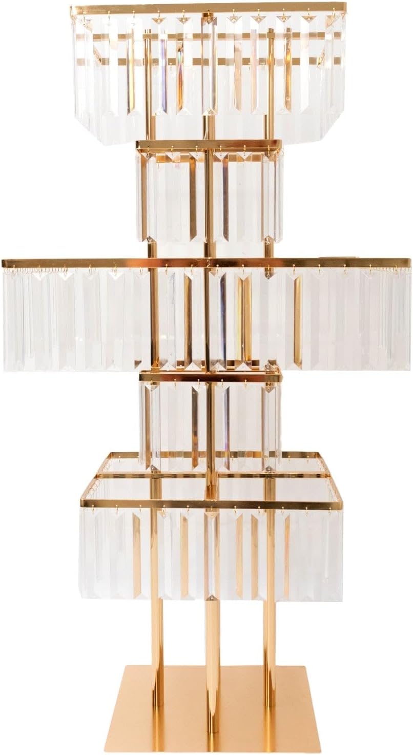 Efavormart Crystal Pendant 5-Tier Table Centerpiece Chandelier in Gold, 40' Flower Stand Metal Vase Square Pedestal with Hanging Crystals
