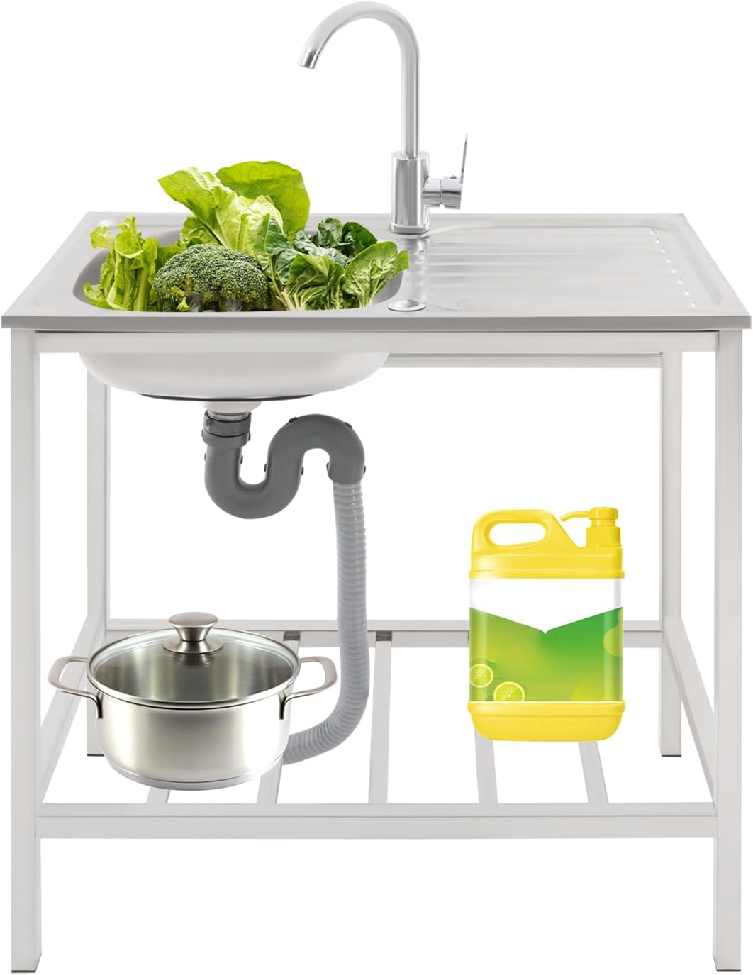 Free Standing Stainless Steel Commercial Sink Set, 47 Inch Double Bowl Utility Sink with Triple Storage Shelves, Worktable, Faucet & Drainboard for Restaurant Kitchen Laundry Garage