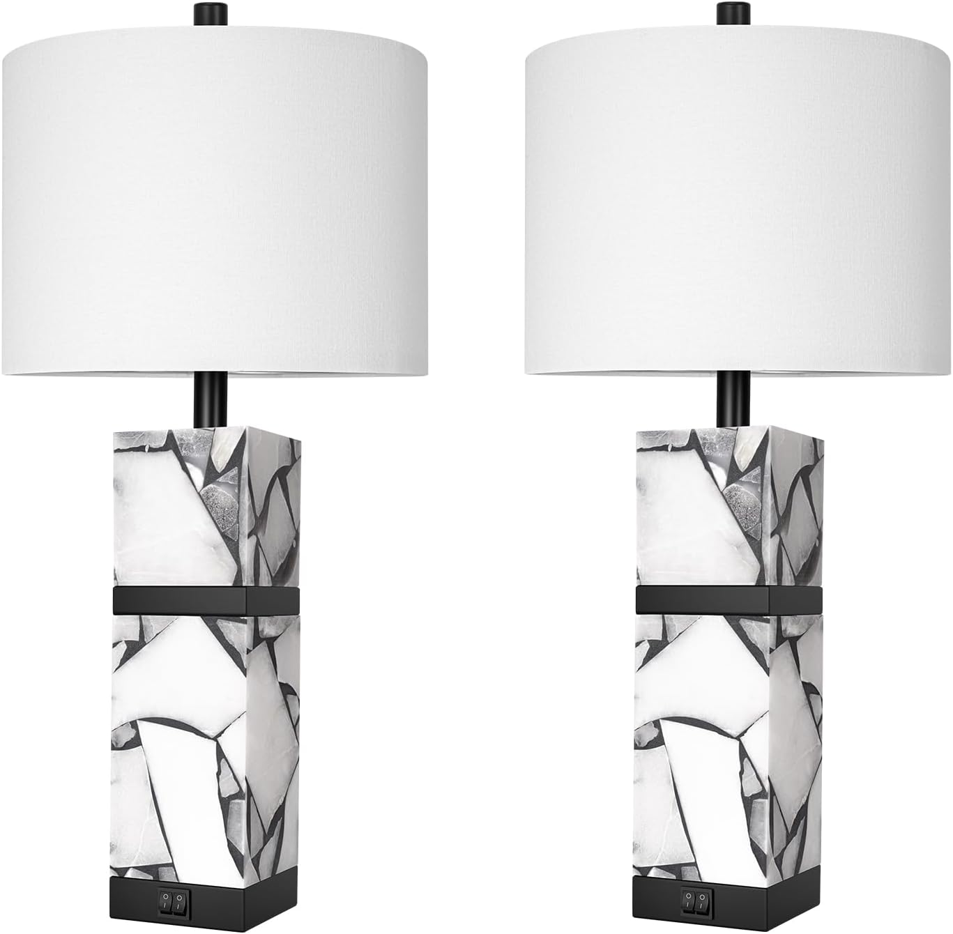 Scenekoy 27' Alabaster Table Lamps Set of 2 with Night Light for Living Room Bedroom, Nightstand Lamps with Linen Shade, Modern Bedroom Lamps with USB A+C Ports for Living Room Office (Bulb Included)