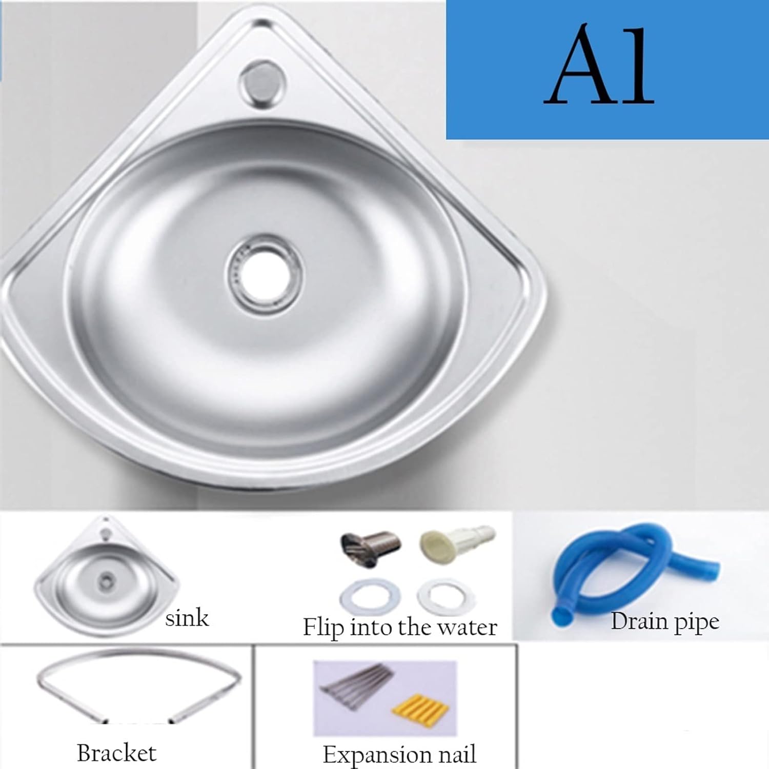Stainless Steel Wall-Mounted Single Bowl Sink Triangle Wash Basin Thick Small Sink Corner for Kitchen Bathroom Lavatory (Color : Silver, Size : A(34x34cm)) (Silver A1(34x34cm))