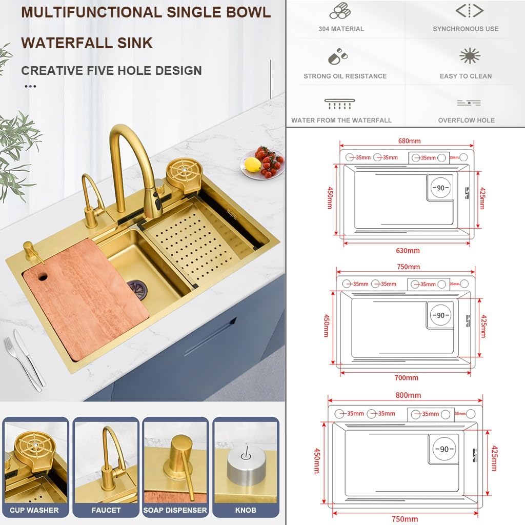 Stainless Steel Single-Bowl Waterfall Sink Multi-functional Golden Kitchen Workstation Sink With Pull-Out Faucet Cup Washer Complete Accessory Set Dual-Mount ( Color : Gold , Size : 75x45x22cm ) (