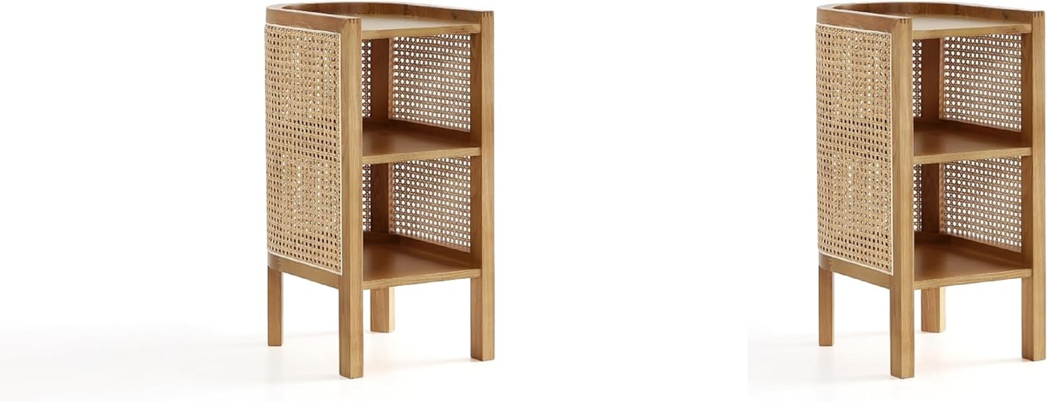 Manhattan Comfort Versailles Rattan Bedside End Table Accent Sofa Side Table for Living Room, Bedroom, Study and Home Office with 2 Shelf Storage, Set of 2, Natural Cane