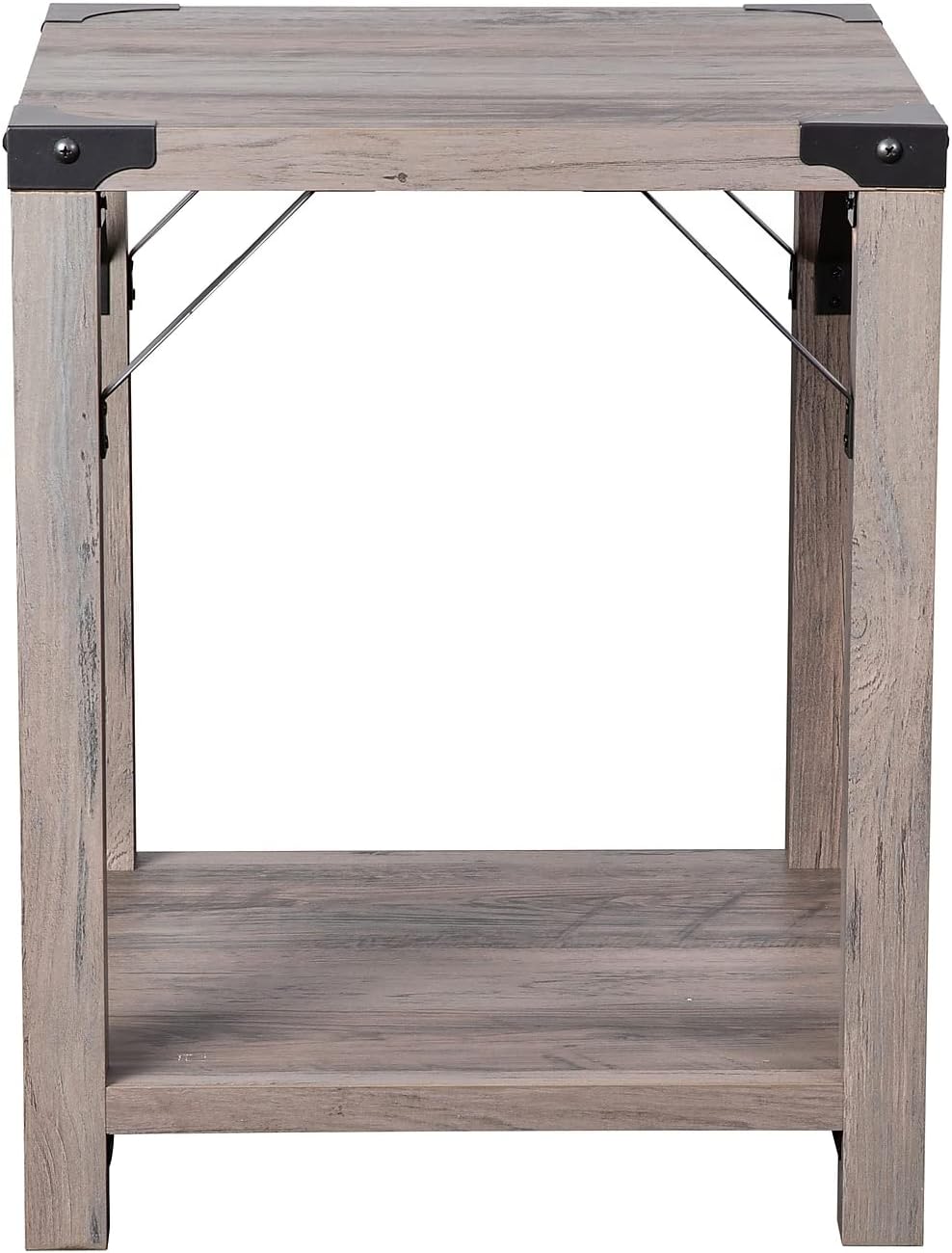 Flash Furniture Wyatt Modern Farmhouse 2 Tier Side Table - Gray Wash Engineered Wood Frame - Black Metal Crisscross Side Braces and Corner Accents